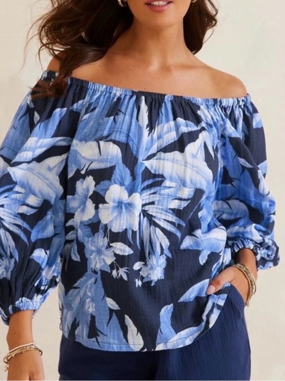 TOMMY BAHAMA Island Gauze Daybreak Hibiscus Off-Shoulder Top Island Navy Size L